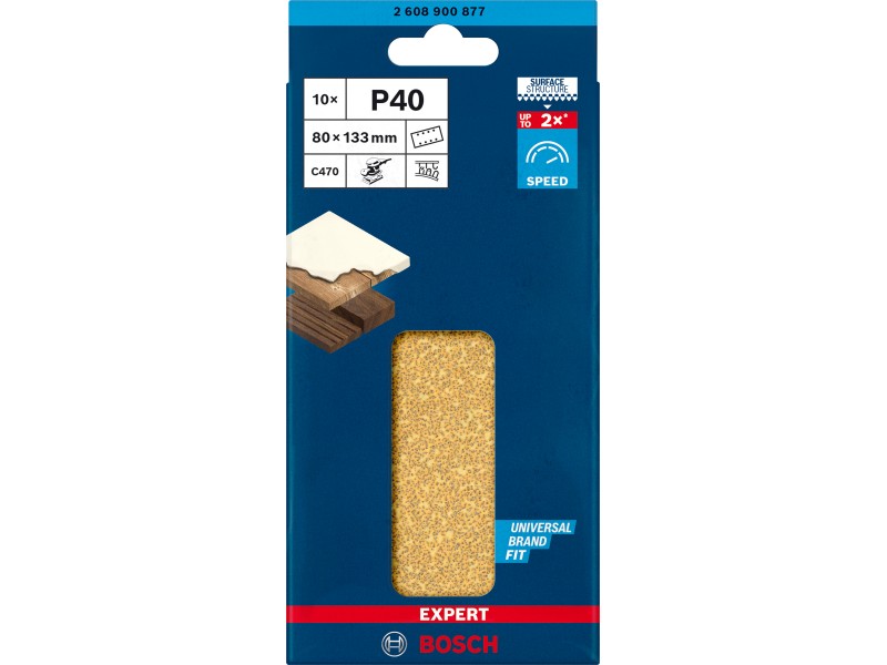 Brusni papir EXPERT Bosch z 8 luknjami za vibracijske brusilnike, Dimenzije: 80x133mm, Zrnatost: 40, 2608900877